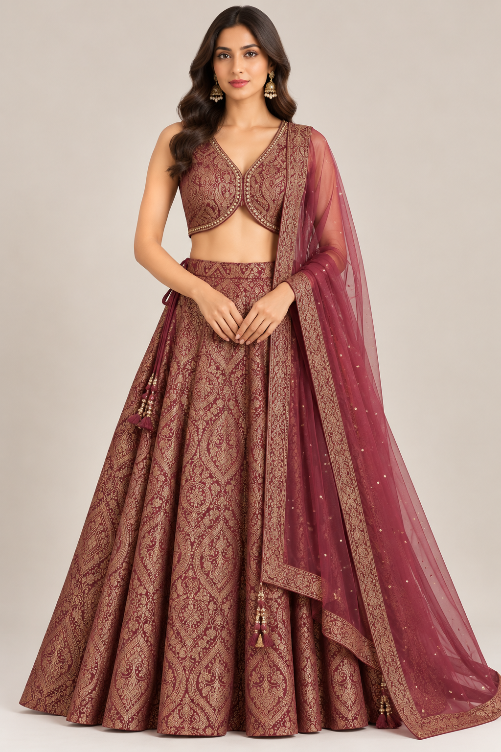 Maroon & Gold Brocade Embroidered Lehenga Choli with Dupatta