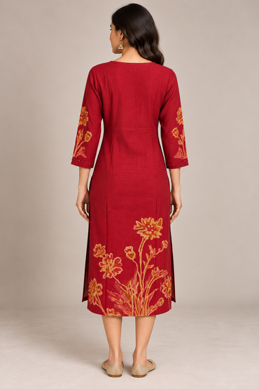 Deep Red Rayon Floral Kurti
