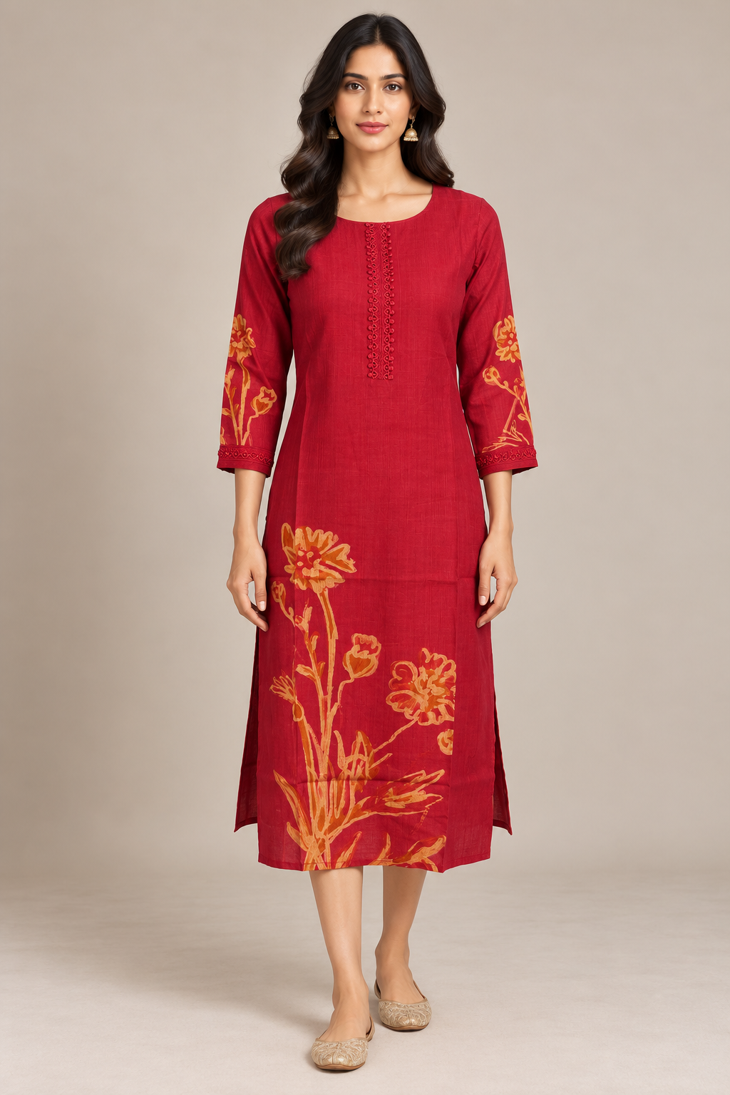 Deep Red Rayon Floral Kurti