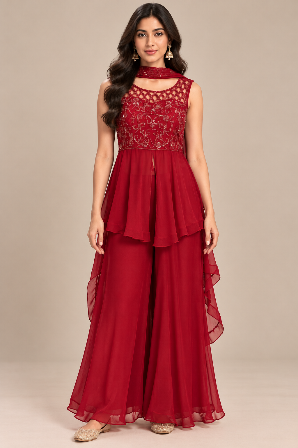 Ruby Pink Tissue Embroidered Sharara Set