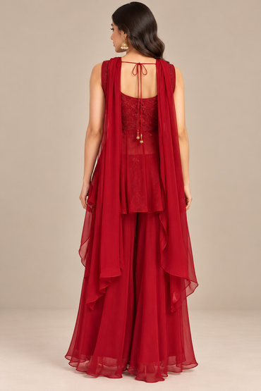 Ruby Pink Tissue Embroidered Sharara Set