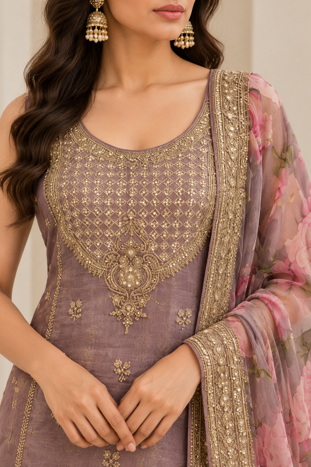 Mauve Floral Sharara Suit Set with Embroidered Kurta and Dupatta
