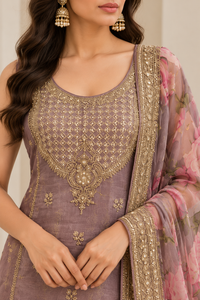 Mauve Floral Sharara Suit Set with Embroidered Kurta and Dupatta