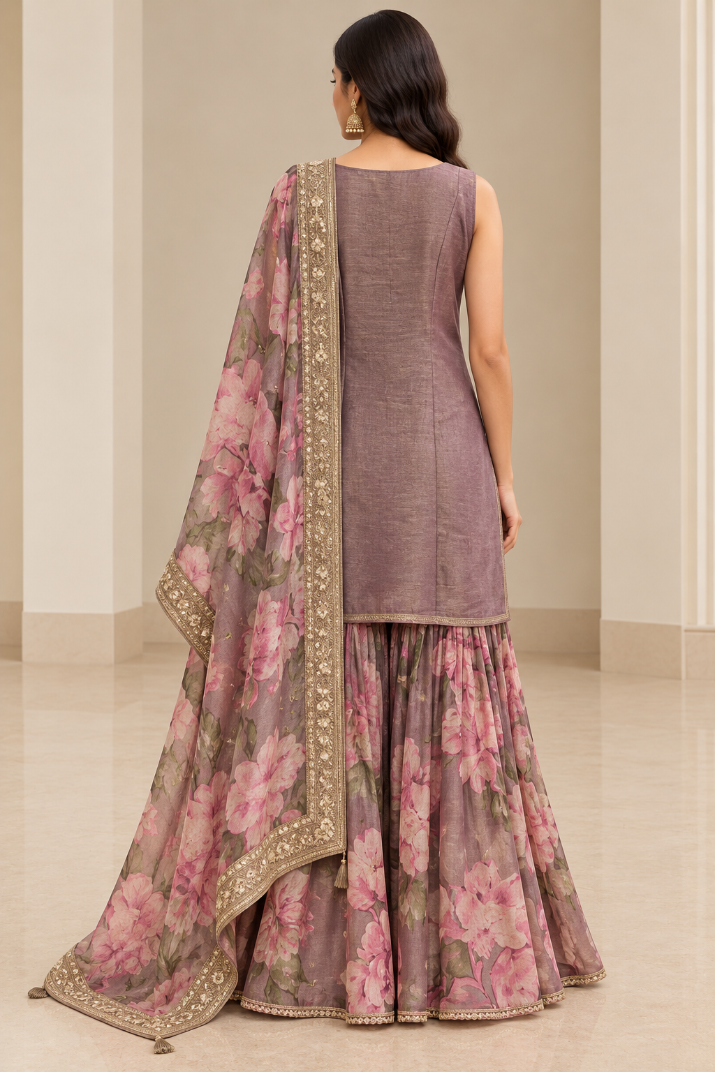 Mauve Floral Sharara Suit Set with Embroidered Kurta and Dupatta