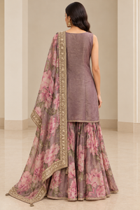 Mauve Floral Sharara Suit Set with Embroidered Kurta and Dupatta