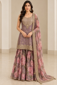 Mauve Floral Sharara Suit Set with Embroidered Kurta and Dupatta
