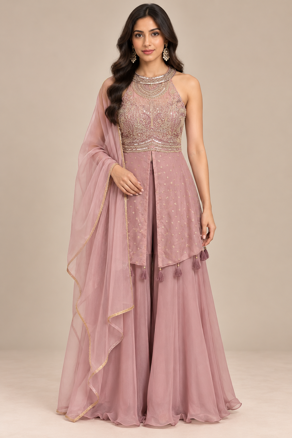 Blush Pink Tissue Embroidered Sleeveless Kurta Set with Palazzo & Dupatta