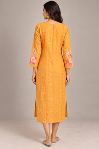 Mustard Orange Floral Printed Linen Kurti