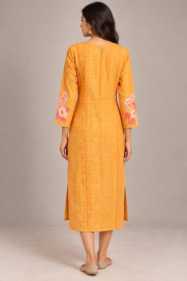 Mustard Orange Floral Printed Linen Kurti