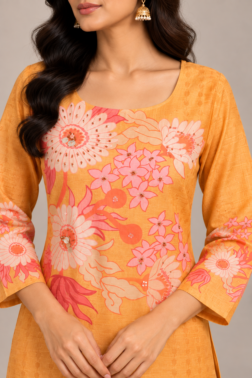 Mustard Orange Floral Printed Linen Kurti