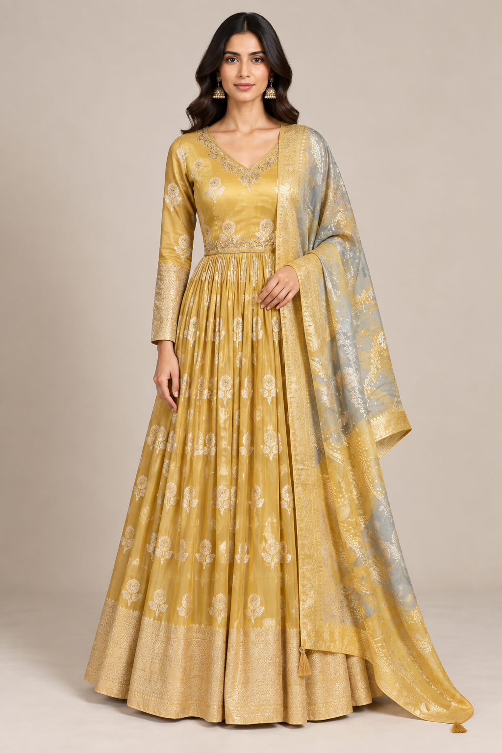 Mustard Gold Brocade Silk Anarkali Set