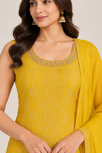 Mustard Yellow Printed Straight-Cut Suit Set with Matching Dupatta
