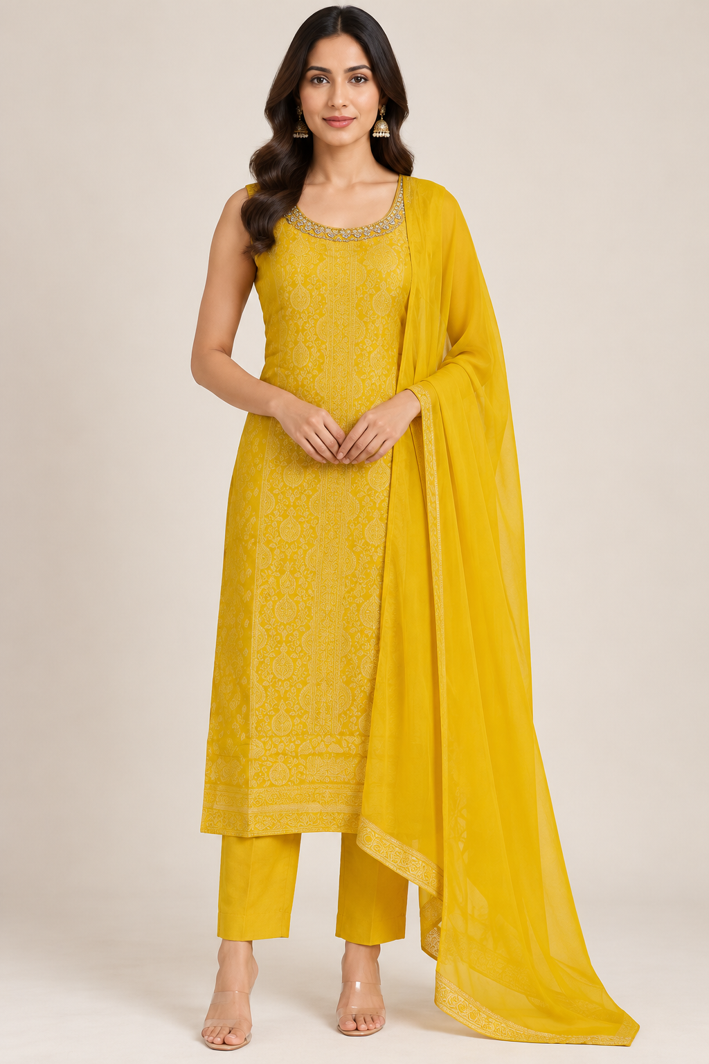 Mustard Yellow Printed Straight-Cut Suit Set with Matching Dupatta