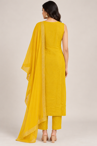Mustard Yellow Printed Straight-Cut Suit Set with Matching Dupatta
