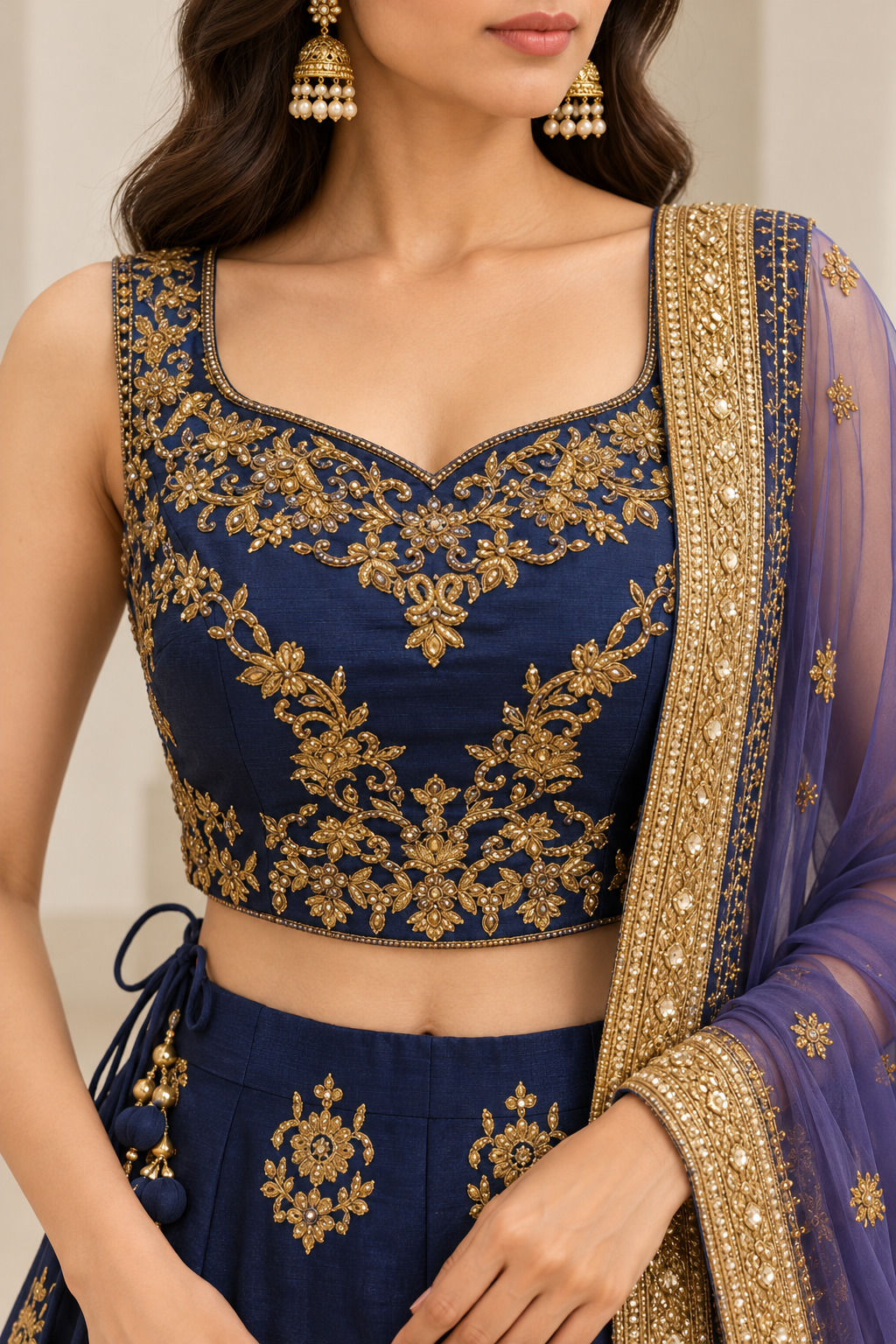 Elegant Navy Blue and Gold Embroidered Bridal Lehenga Choli with Dupatta