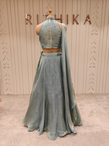 Ice Blue Tissue Silk Embellished Lehenga Set with Draped Dupatta