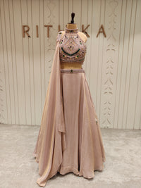 Blush Champagne Tissue Silk Embellished Lehenga Set with Draped Dupatta
