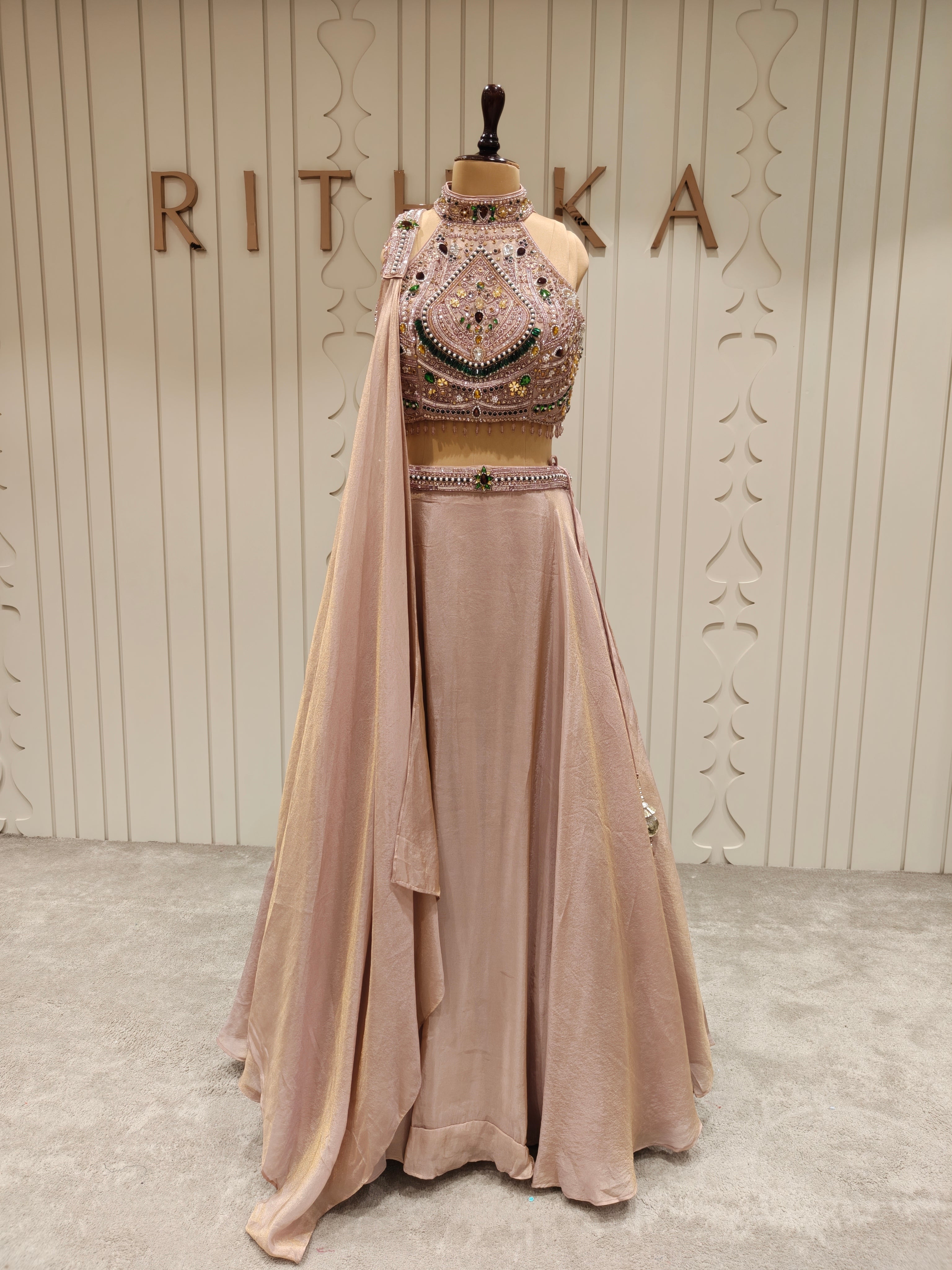 Blush Champagne Tissue Silk Embellished Lehenga Set with Draped Dupatta
