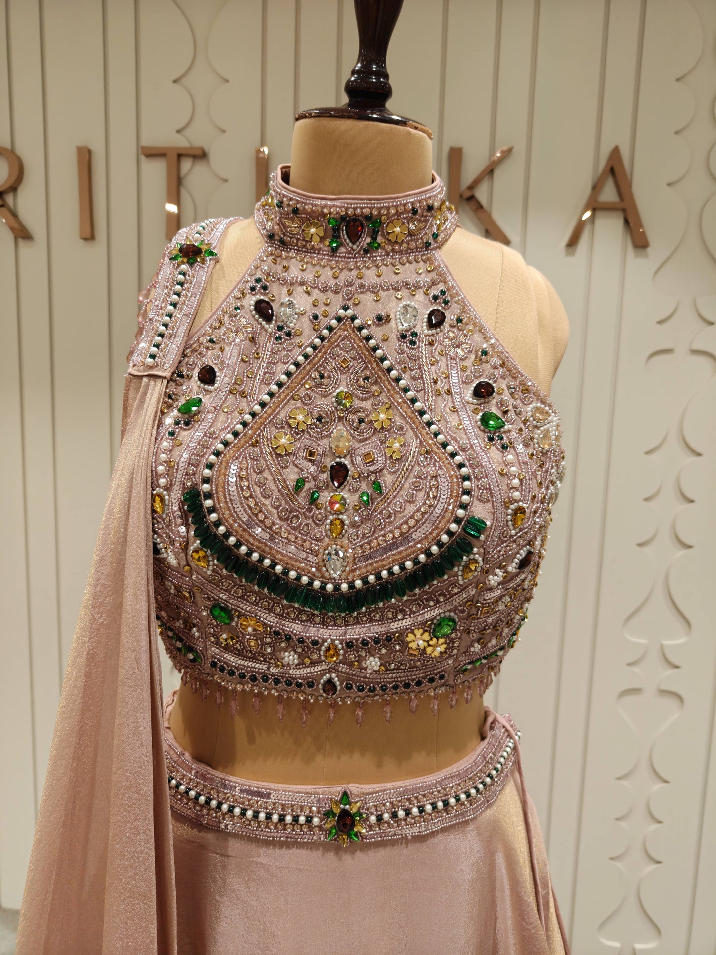 Blush Champagne Tissue Silk Embellished Lehenga Set with Draped Dupatta