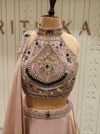 Blush Champagne Tissue Silk Embellished Lehenga Set with Draped Dupatta