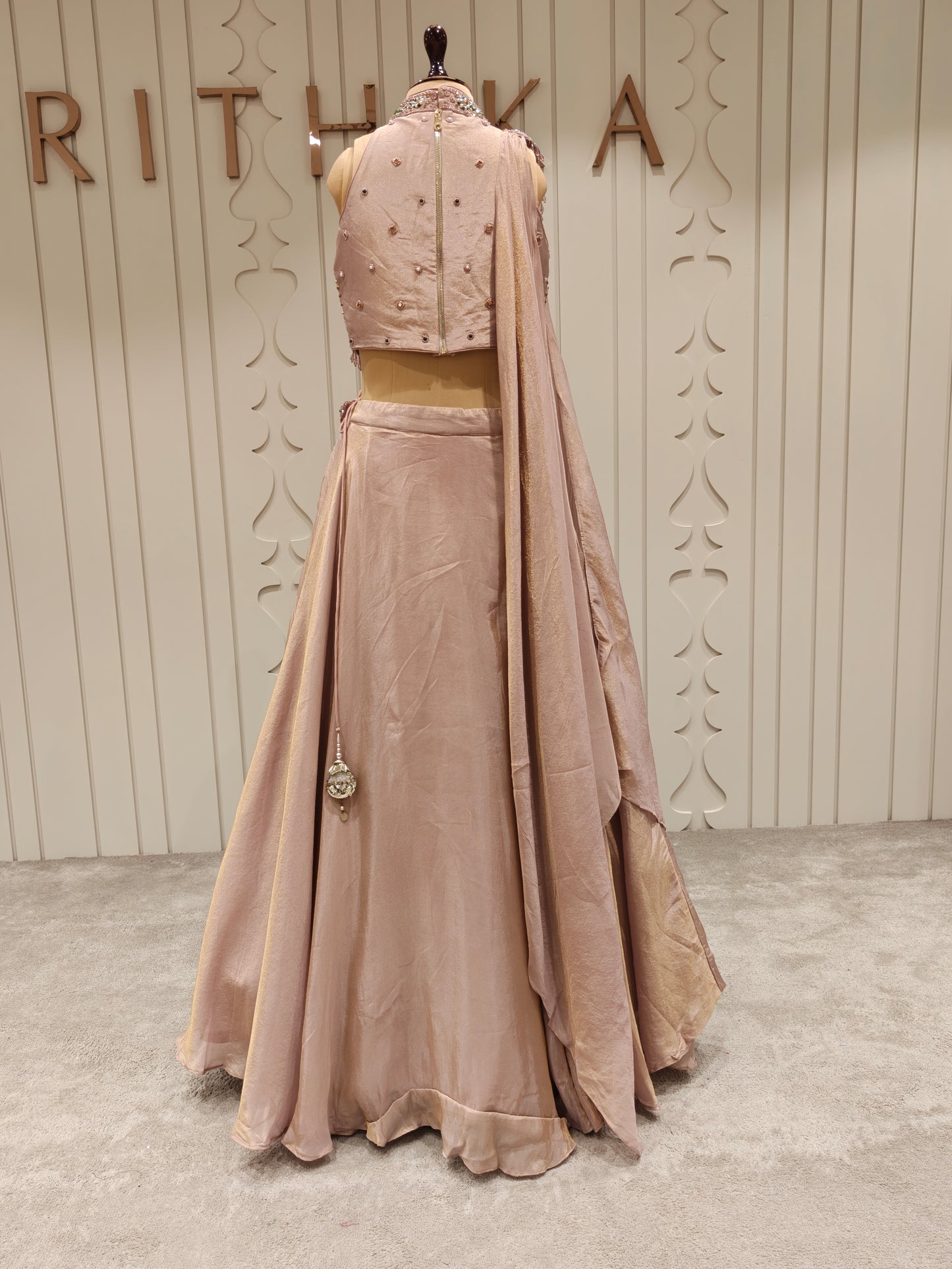 Blush Champagne Tissue Silk Embellished Lehenga Set with Draped Dupatta