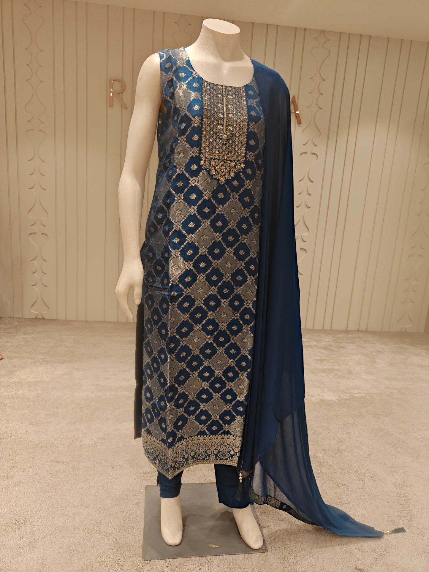 Banaras Silk Woven Straight Suit Set with Dupatta – Deep Teal Blue