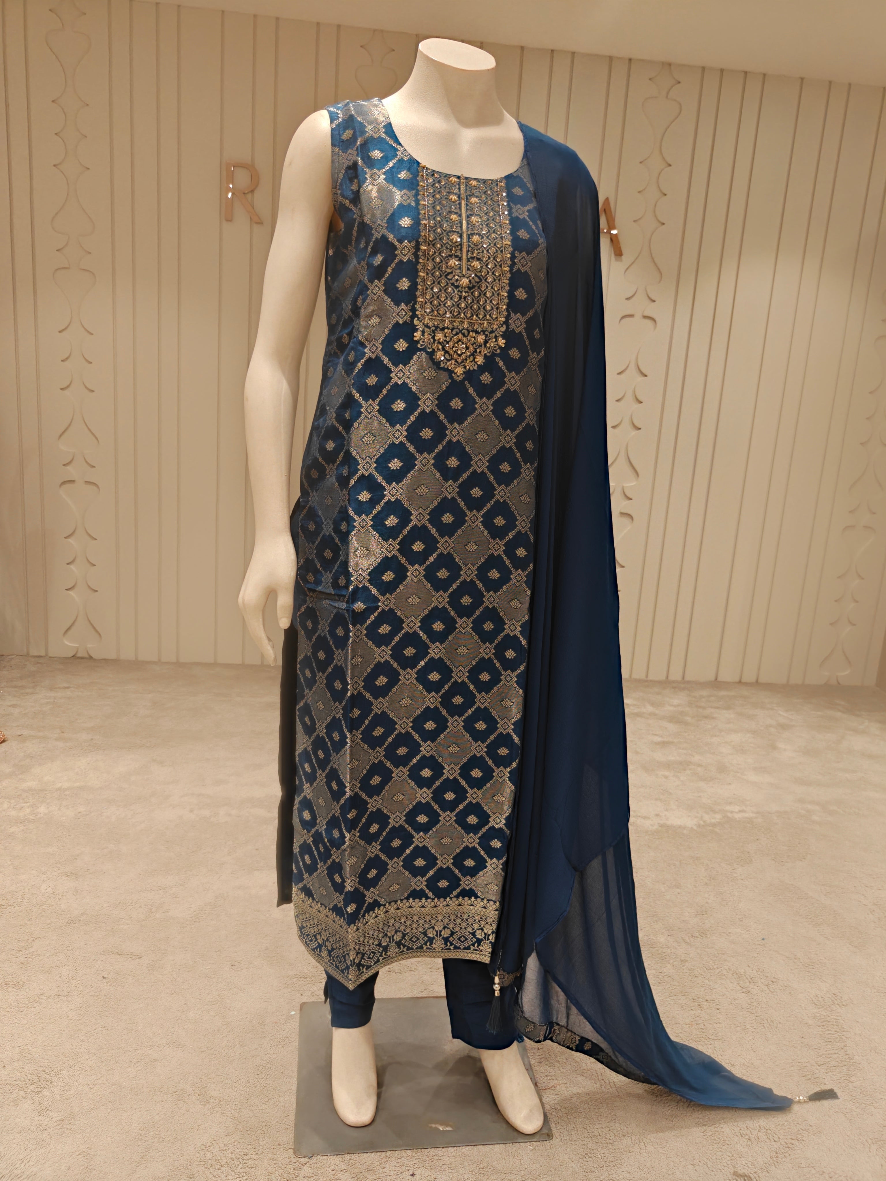 Banaras Silk Woven Straight Suit Set with Dupatta – Deep Teal Blue