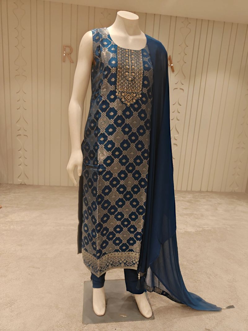 Banaras Silk Woven Straight Suit Set with Dupatta – Deep Teal Blue