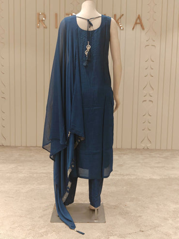 Banaras Silk Woven Straight Suit Set with Dupatta – Deep Teal Blue