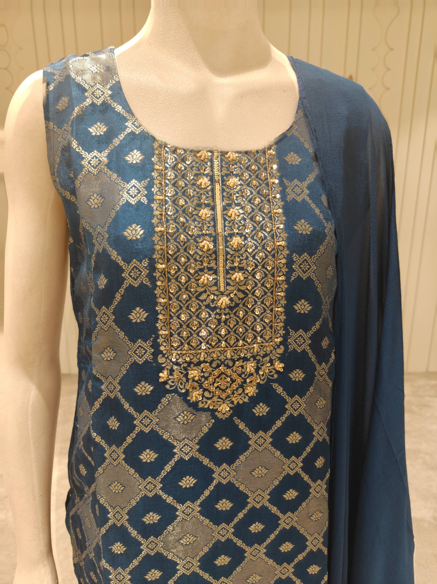 Banaras Silk Woven Straight Suit Set with Dupatta – Deep Teal Blue