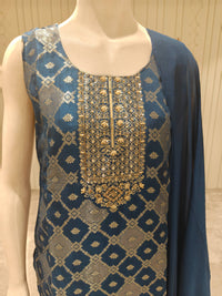 Banaras Silk Woven Straight Suit Set with Dupatta – Deep Teal Blue