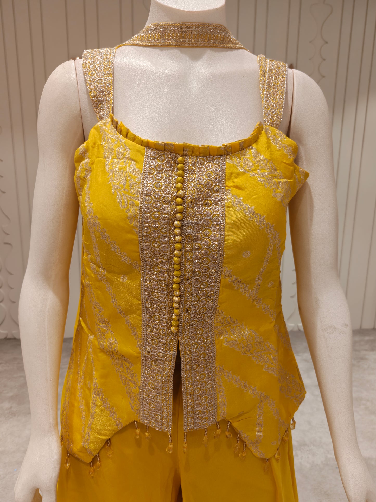 Tissue Banaras Embroidered Short Kurta Palazzo Set with Dupatta – Mustard Yellow