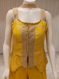Tissue Banaras Embroidered Short Kurta Palazzo Set with Dupatta – Mustard Yellow