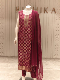 Banaras Silk Woven Straight Suit Set with Dupatta – Wine Maroon