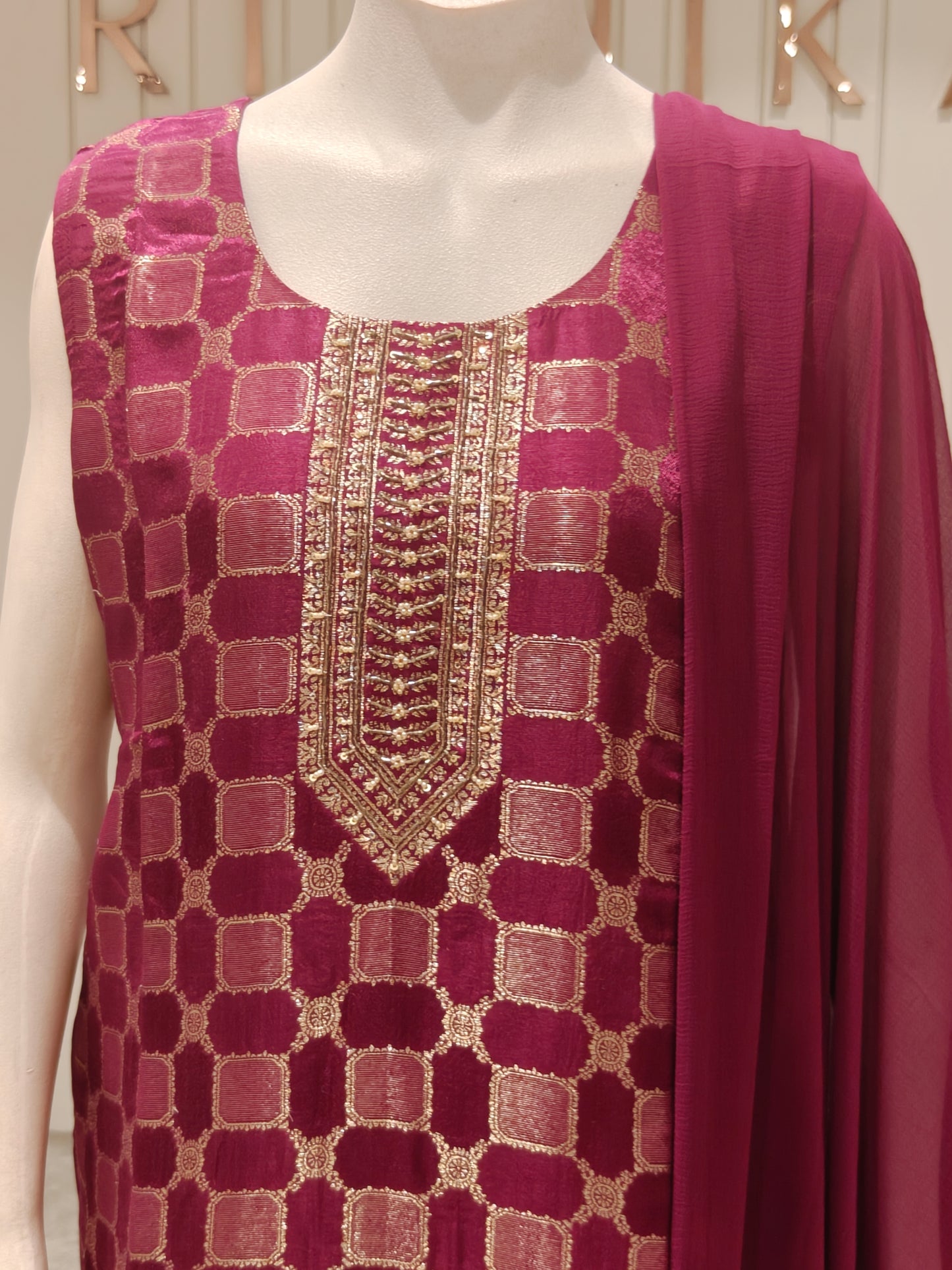 Banaras Silk Woven Straight Suit Set with Dupatta – Wine Maroon