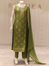 Banaras Silk Woven Straight Suit Set with Dupatta – Olive Green