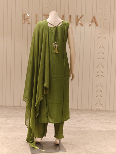 Banaras Silk Woven Straight Suit Set with Dupatta – Olive Green