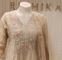 Chanderi A-Line Embroidered Suit Set with Dupatta – Beige