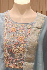 Sky Blue Chanderi A-Line Embroidered Suit Set with Dupatta