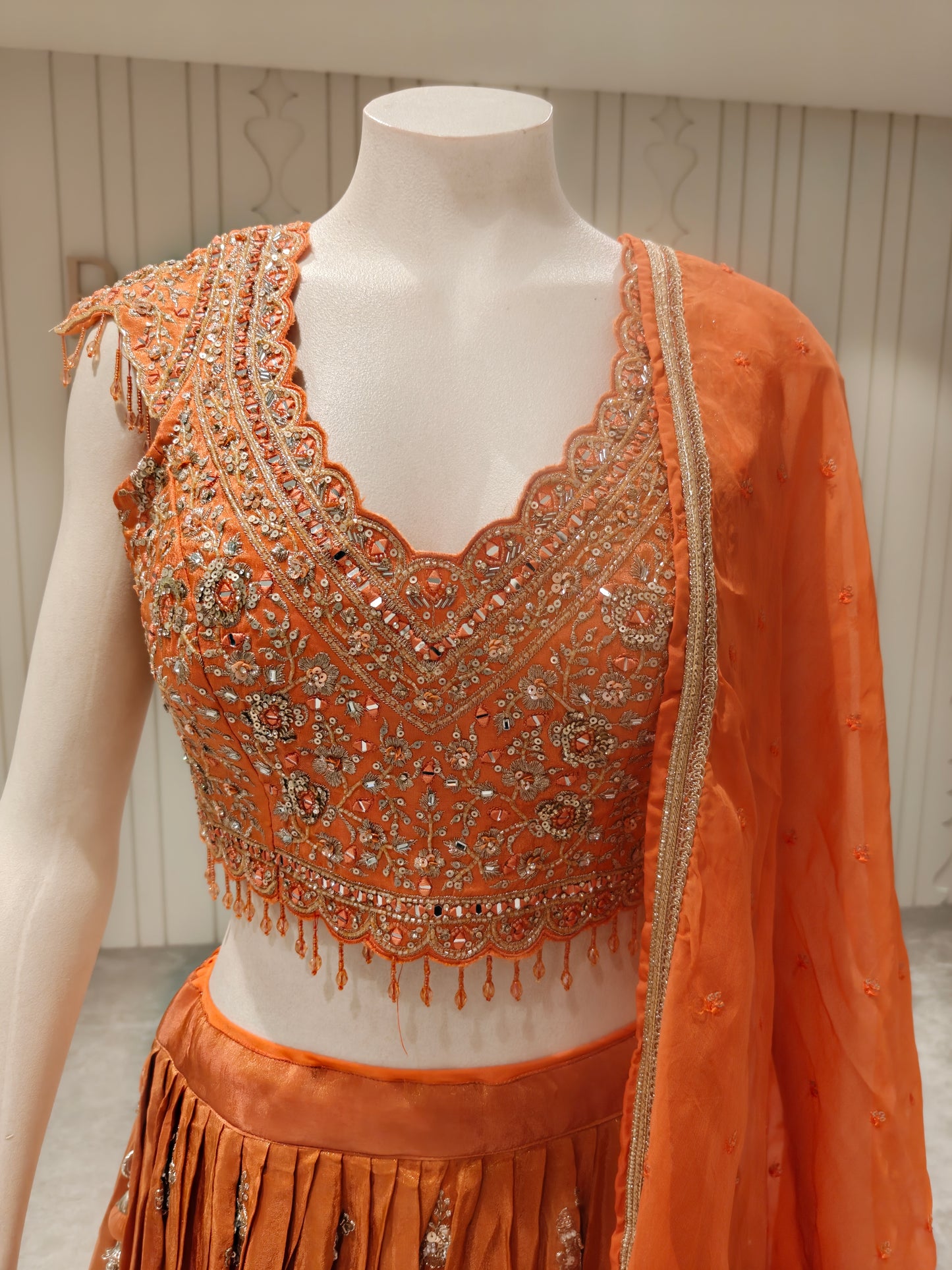 Burnt Orange Silk Embroidered Lehenga Set with Net Dupatta