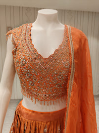 Burnt Orange Silk Embroidered Lehenga Set with Net Dupatta