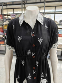 Black Imported Lycra Printed Shirt Midi Dress with Pockets