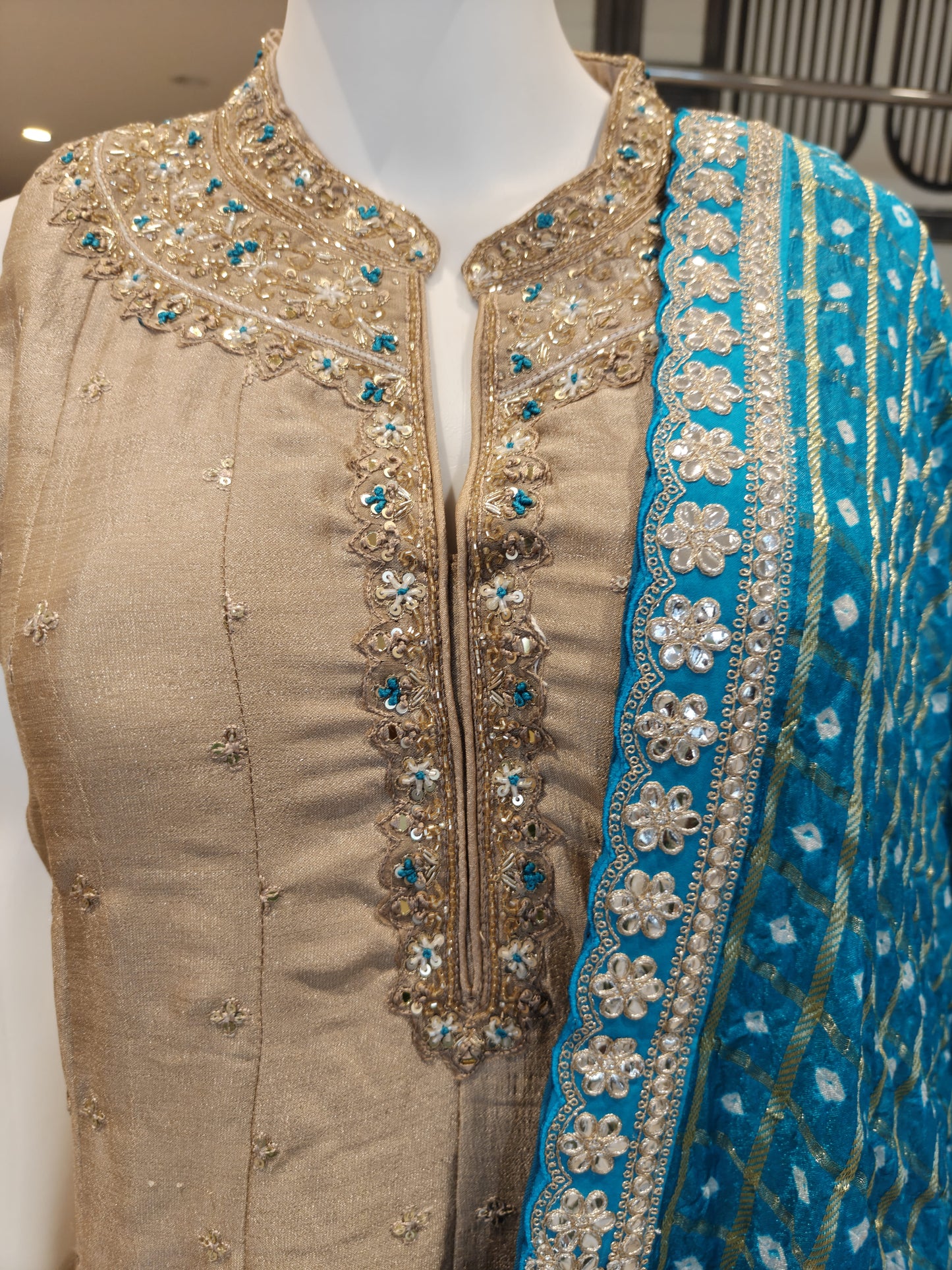Elegant Beige Vichitra Silk Anarkali Suit Set with Blue Embroidered Dupatta