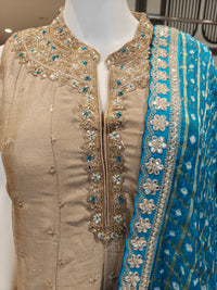 Elegant Beige Vichitra Silk Anarkali Suit Set with Blue Embroidered Dupatta