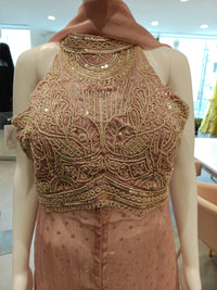 Peach Tissue Embroidered Sleeveless Kurta Set with Palazzo & Dupatta