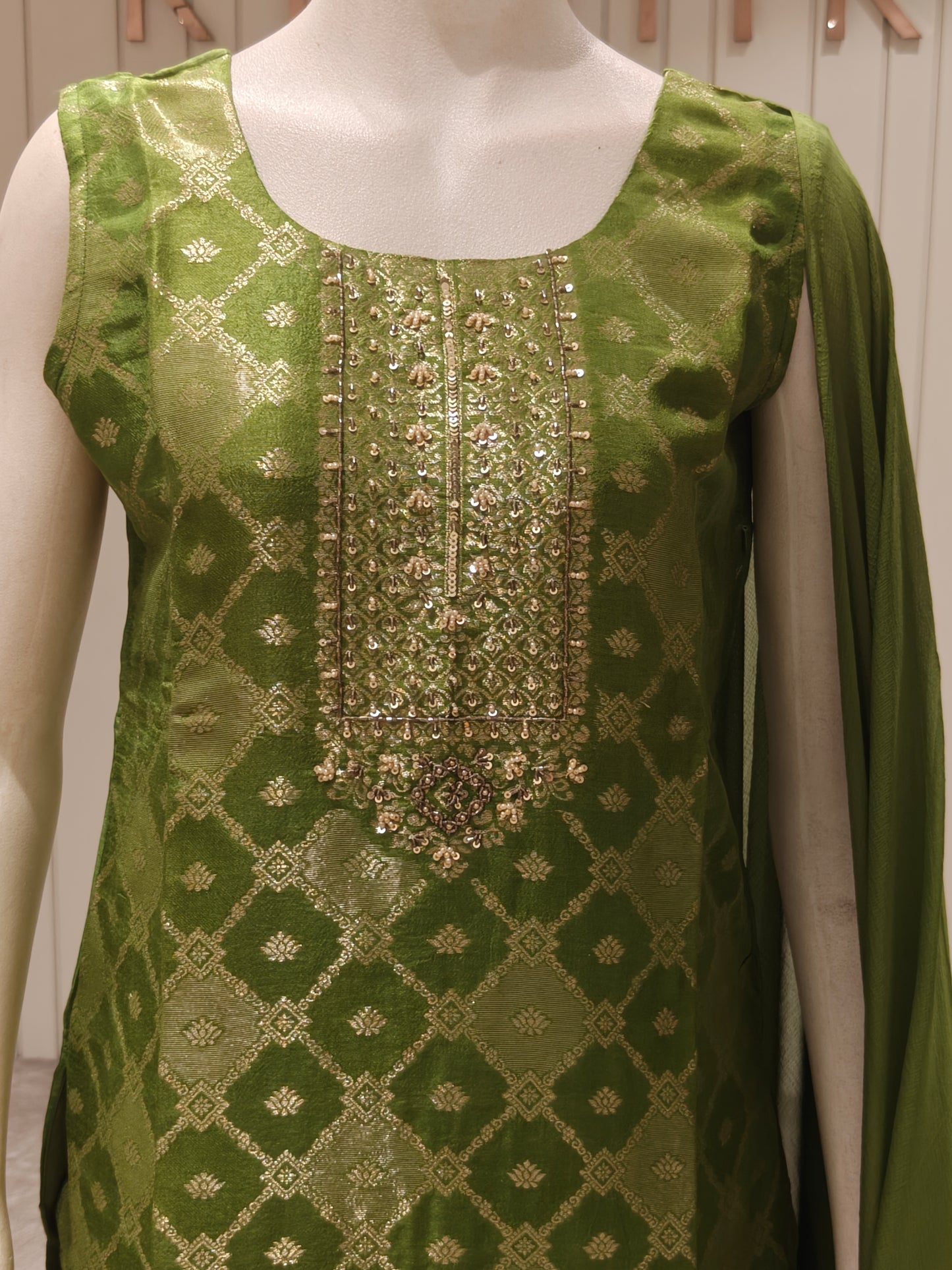 Olive Green Banarasi Silk Woven Kurta Set with Chiffon Dupatta