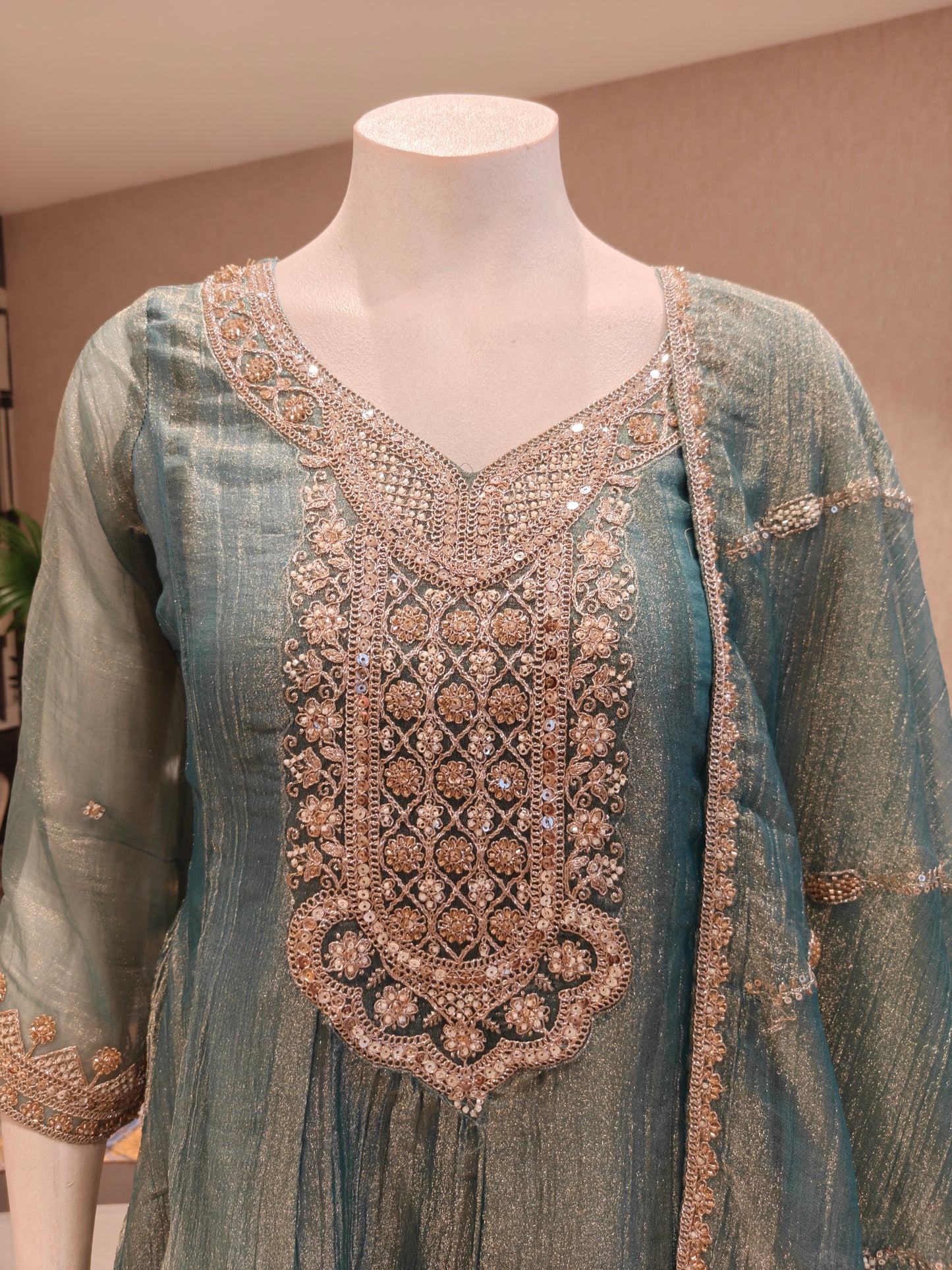 Sea Green Tissue Silk Embroidered Straight Cut Suit Set with Dupatta