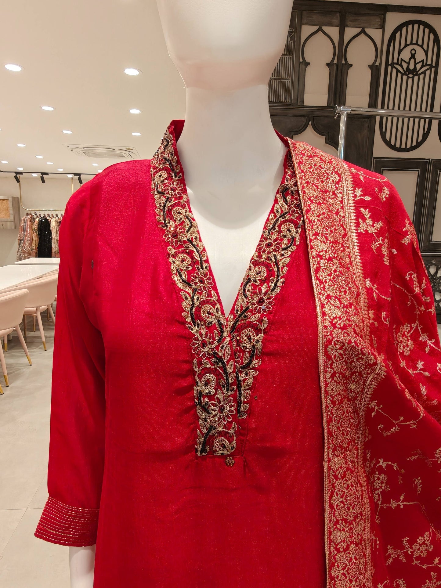 Ruby Red Vichitra Silk Embroidered Straight Cut Suit Set with Woven Dupatta
