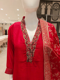 Ruby Red Vichitra Silk Embroidered Straight Cut Suit Set with Woven Dupatta