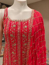 Rani Pink Georgette Embroidered Kurta Set with Contrast Palazzo & Dupatta